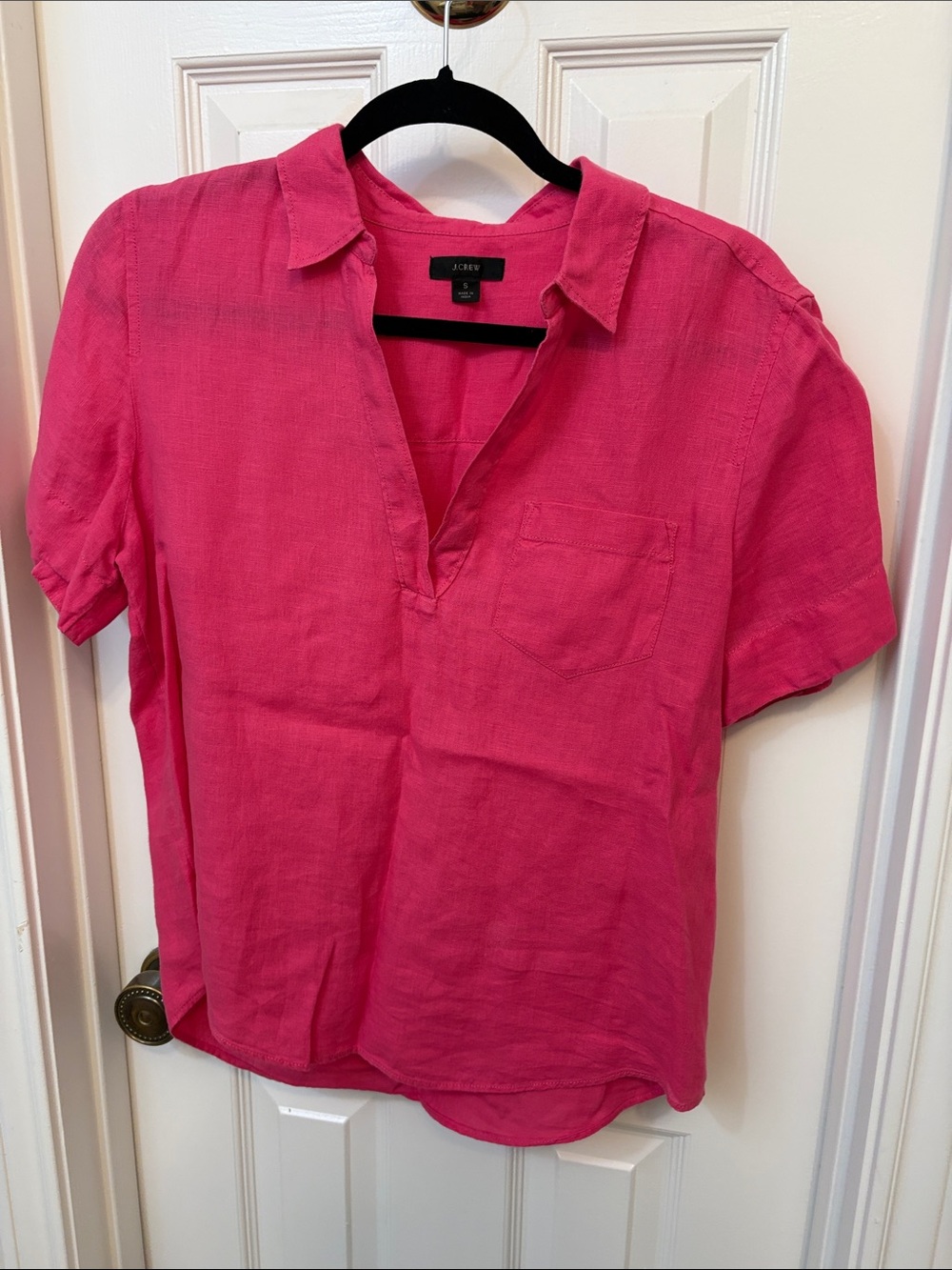 J. Crew Hot Pink Linen Short-Sleeve V-Neck Blouse